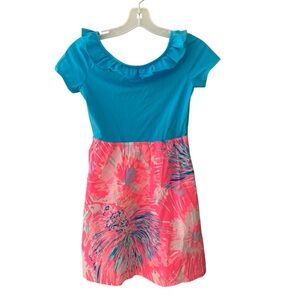 Lilly Pulitzer Girls XL 12 14 Ruffle ALine SS Pocket Dress Blue Florescent Pink